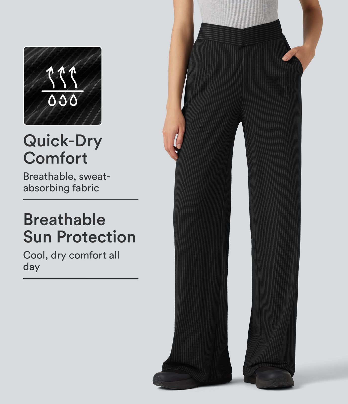 Pantalon décontracté évasé à rayures, taille haute, séchage rapide, ceinture en V, avec poches - Protection solaire UPF40