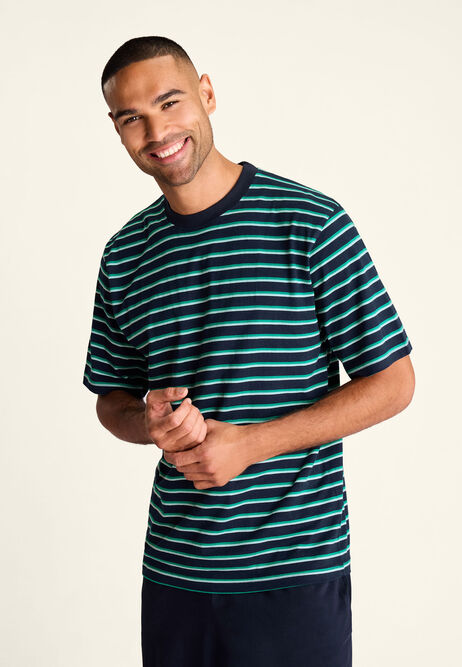 Mens Navy Stripe Print Jersey Pyjama Set
