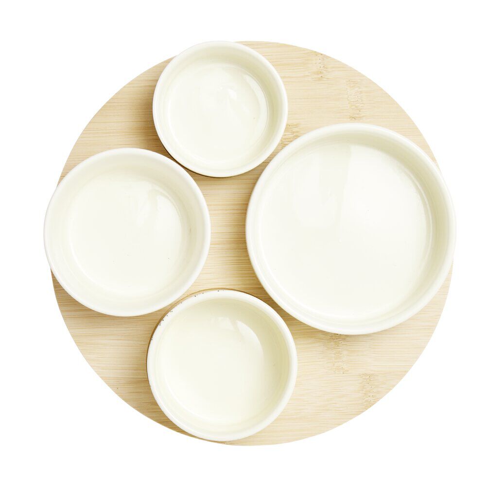 Plateau apéritif rond en bambou Ø22xH5,6cm avec 4 coupelles