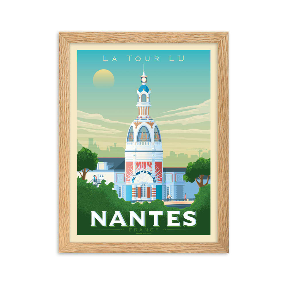 - Affiche Nantes France - Tour Lu avec Cadre (Bois) 21x29,7 cm