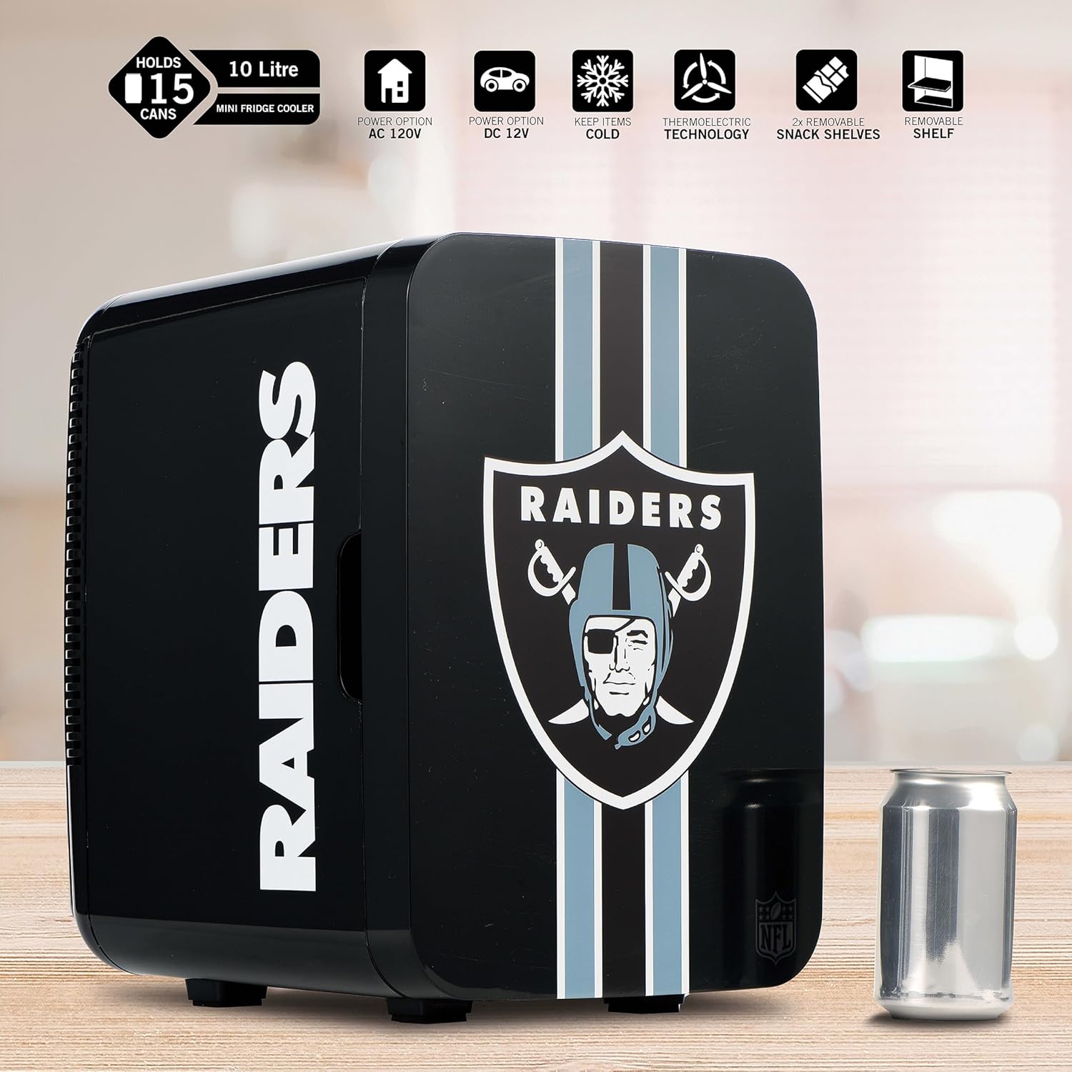 Ukonic NFL Las Vegas Raiders 15-Can Mini Fridge 10L – AC/DC Powered, Official Team Colors & Logo, Portable Cooler for Tailgates, Home, Office, or Car