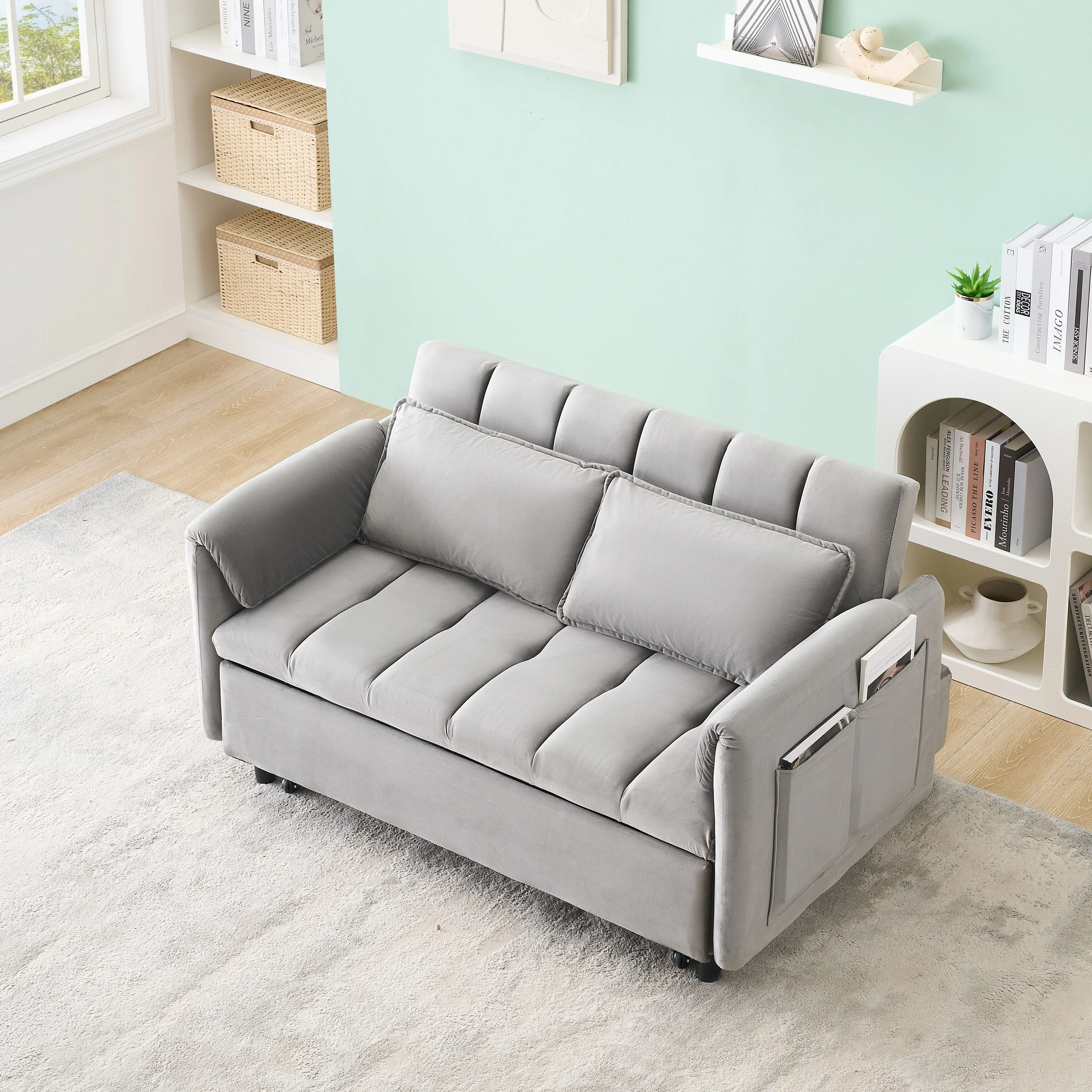 Modern Velvet Sofa, Sofa Pullout Bed, Small Love Seat Casual Sofa With Back, Pillow, Pockets, 3 In 1 Convertible Sleep Sofa Bed