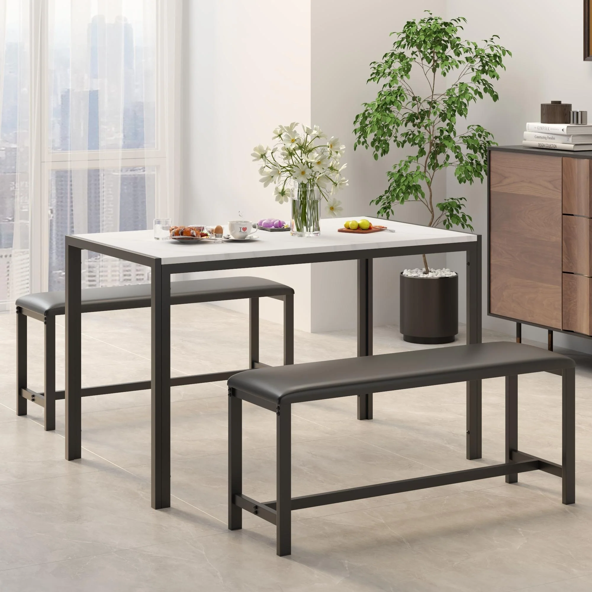 4-6 Person Dining Set with Faux Marble Top, PU Leather Benches and Storage Shelf