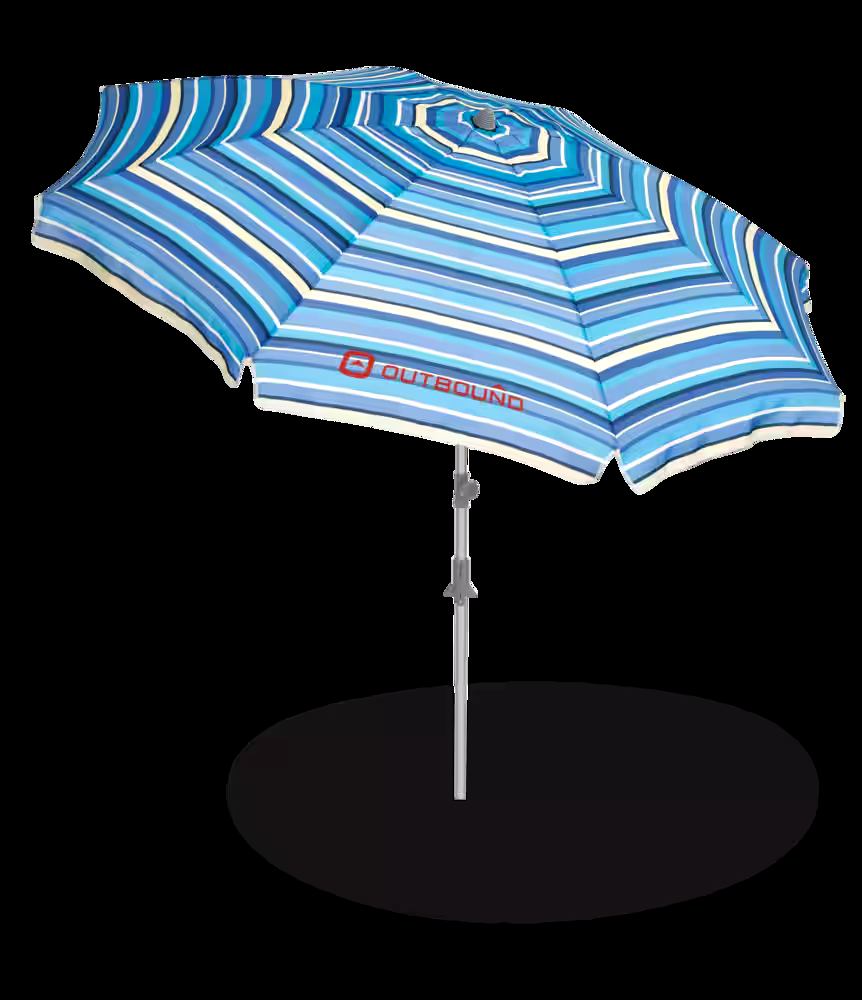 Outbound Coronado Deluxe Striped Tilting Sun Shade Beach Umbrella w/ Sand Anchor & UPF 50+