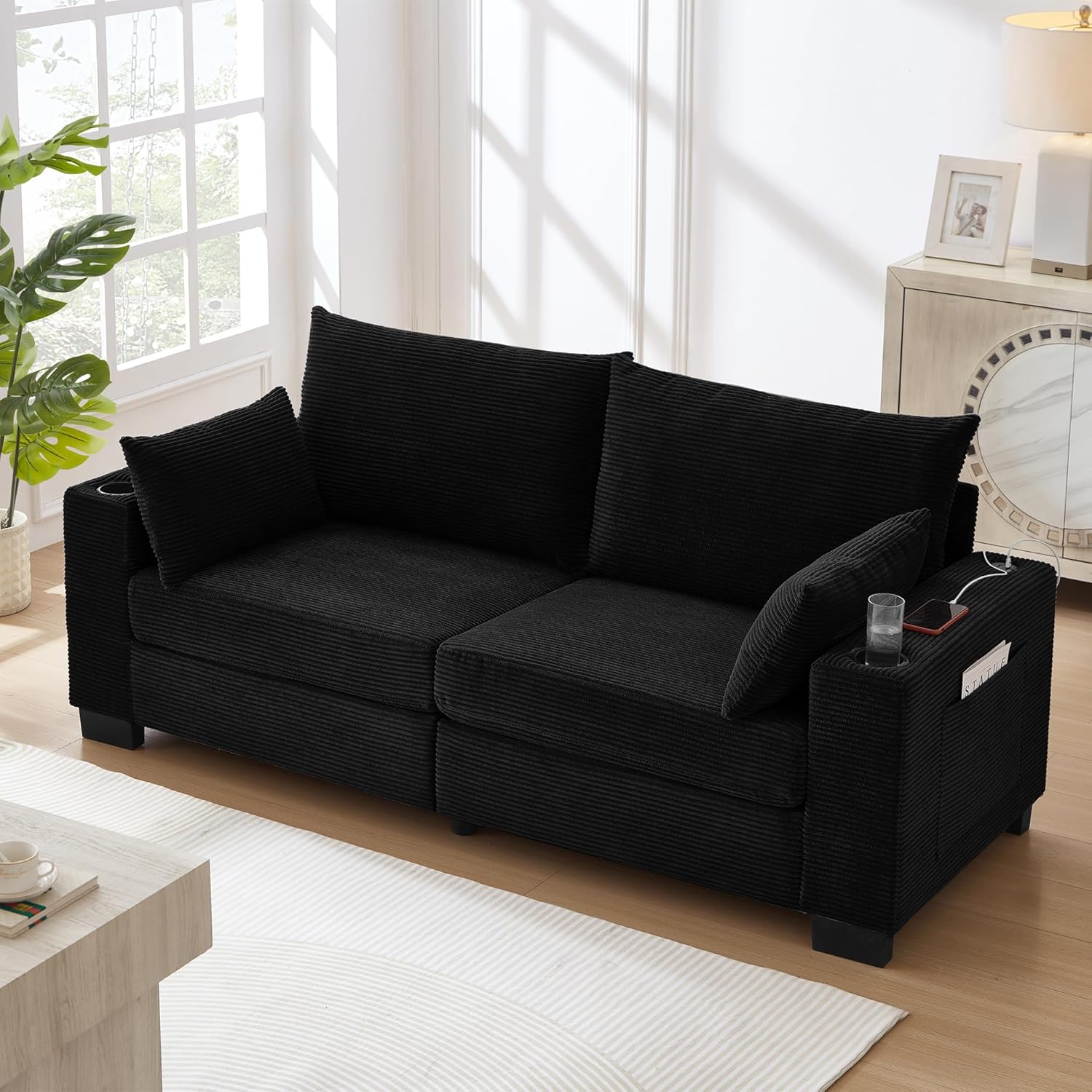 Anwick 78 Corduroy Small Couches for Living Room, Modern Upholstered Loveseat Sofa with USB & Cup Holders, Side Pocket, Soft Deep 2-Seater Sofa Couch for Living Room Bedroom Office Apartment (Black) | USB, Cup Holders, Side Pocket