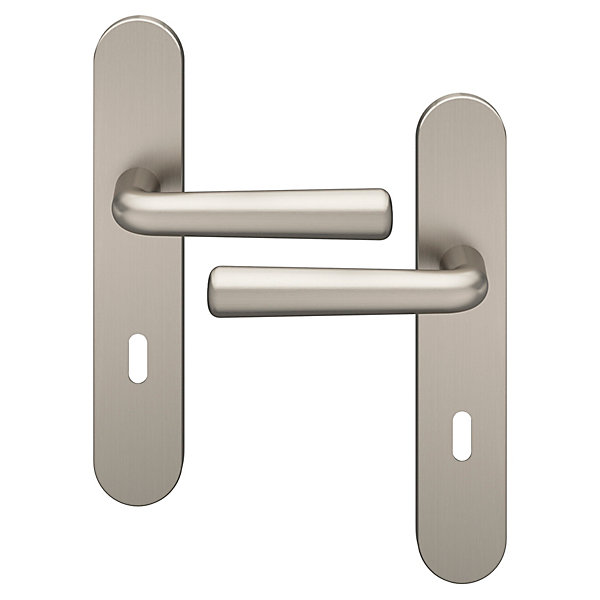 Ensemble poignée sur plaque rond serrure GoodHome Dizel effet nickel satin gris L.121.5mm x l.42mm entraxe 165-195mm