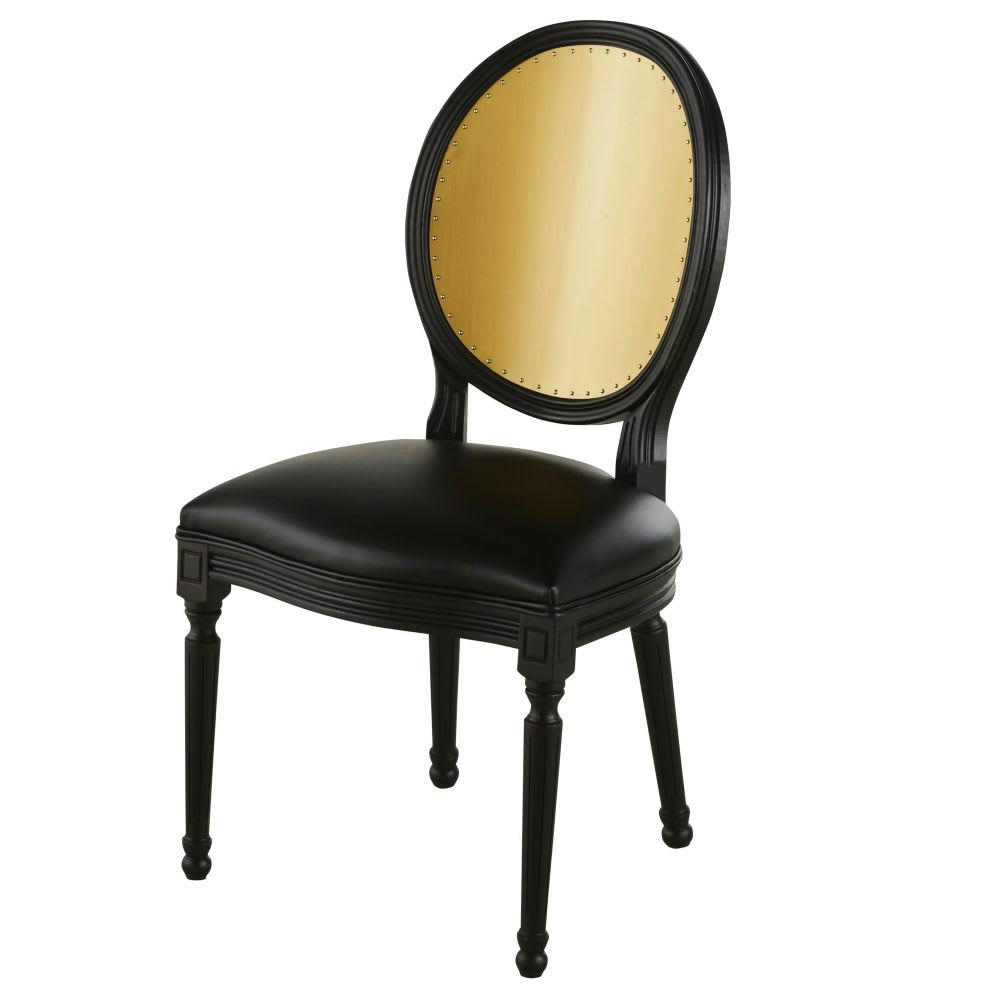 Louis - Chaise médaillon en cuir noir effet vieilli, laiton et bois d