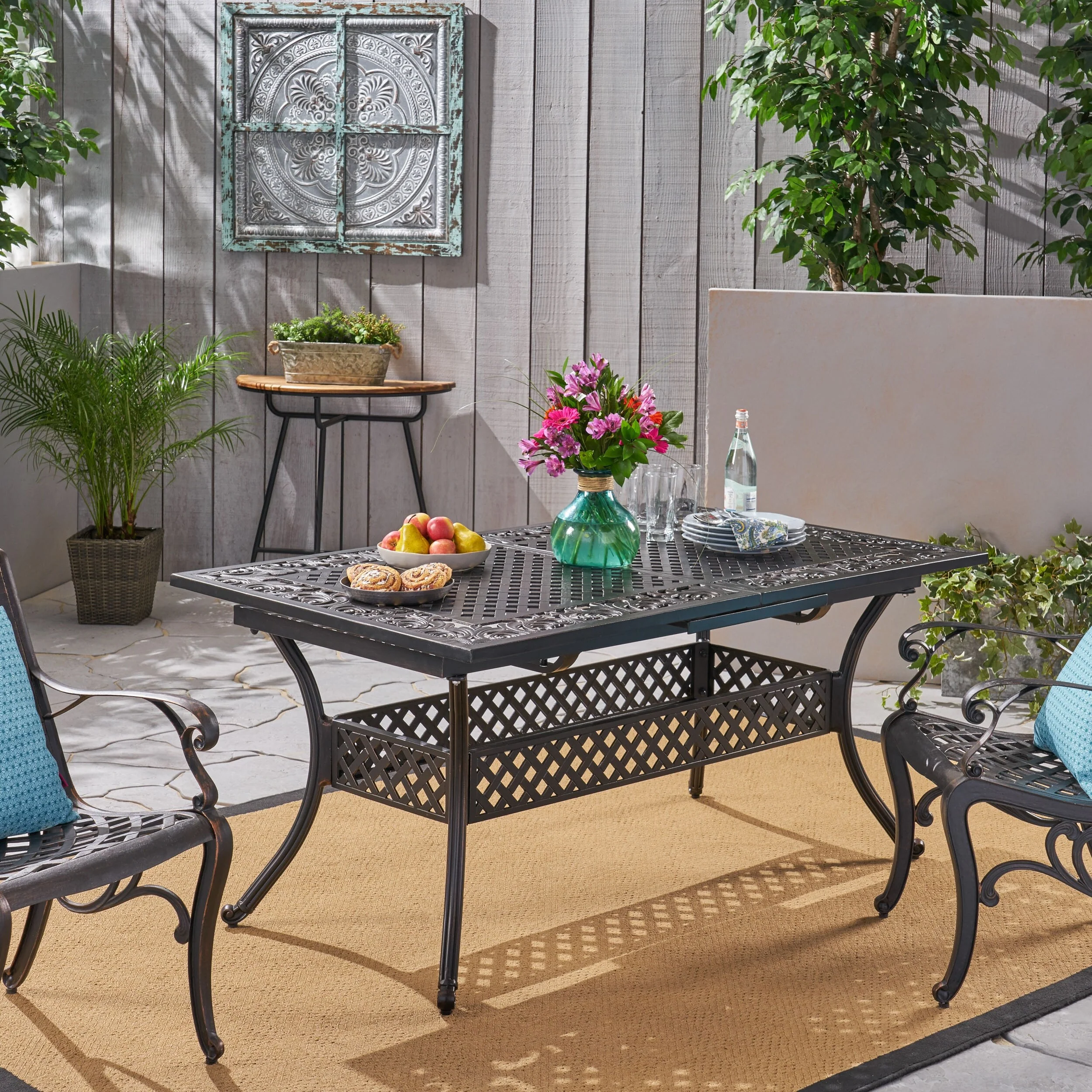 Roomfitters Expandable Cast Aluminum Dining Table, Classic Outdoor Design with Lattice Top and Shelf, Weather-Resistant, Bronze