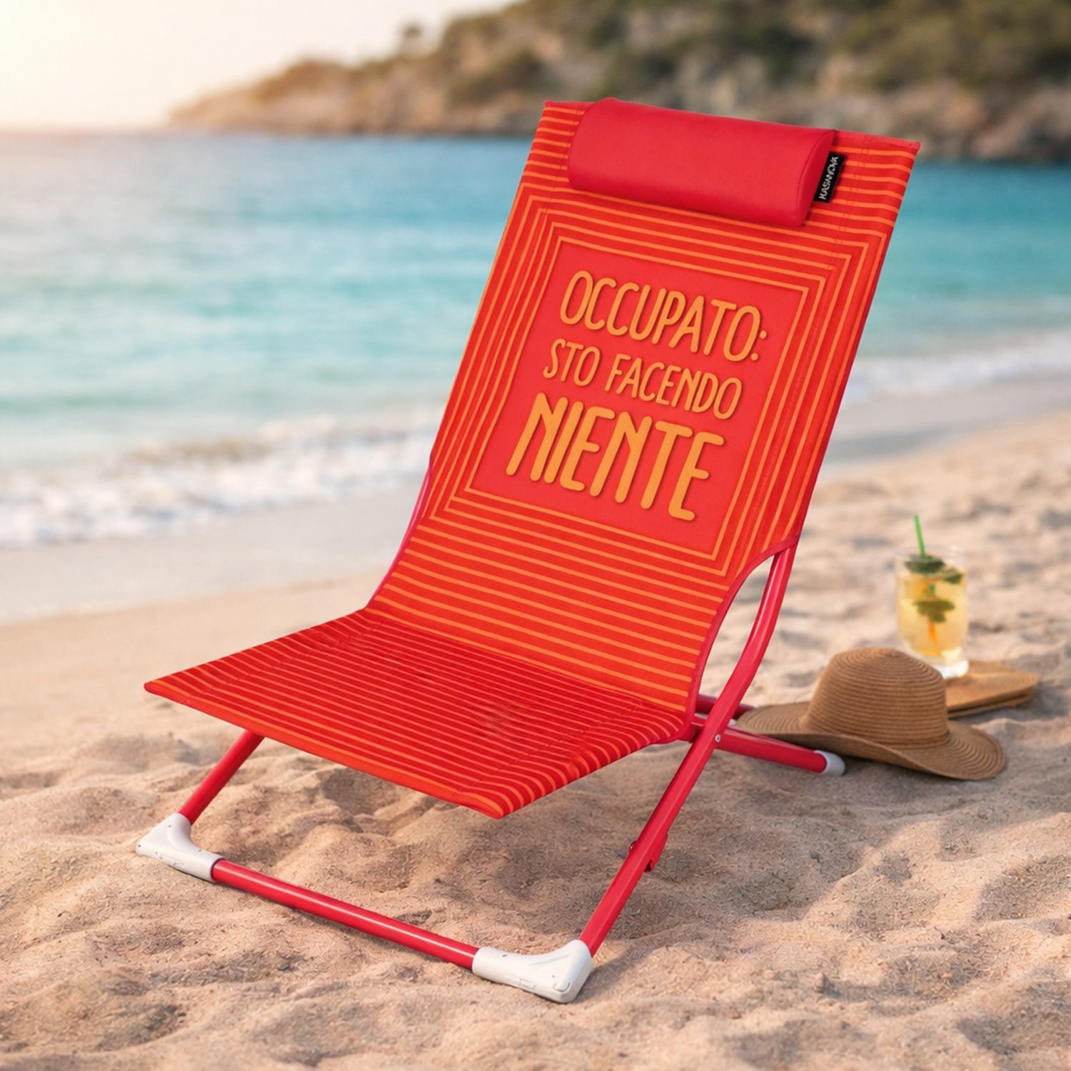 Spiaggina sedia pieghevole scritta Occupato e poggiatesta