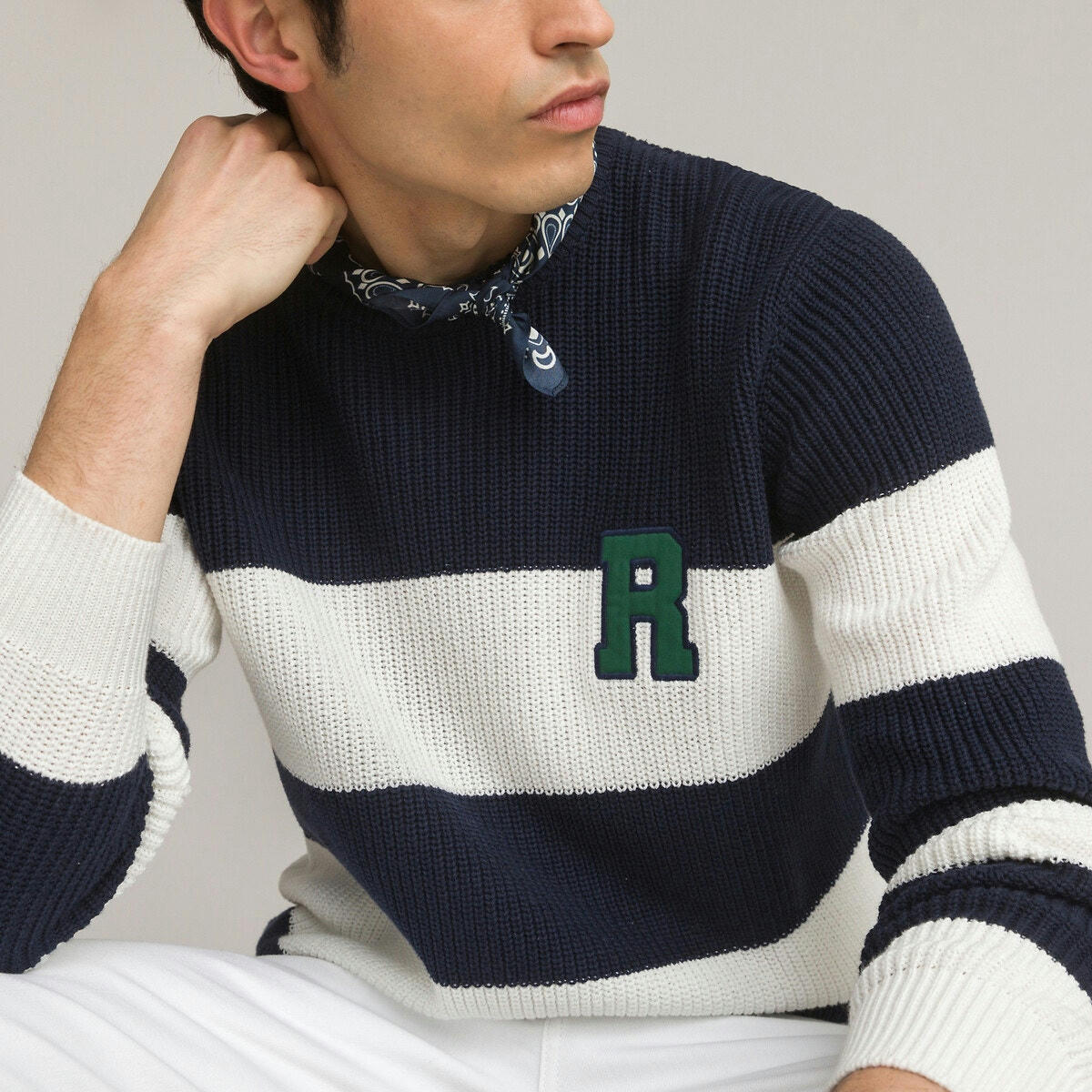 Pull rayé col rond en grosse maille