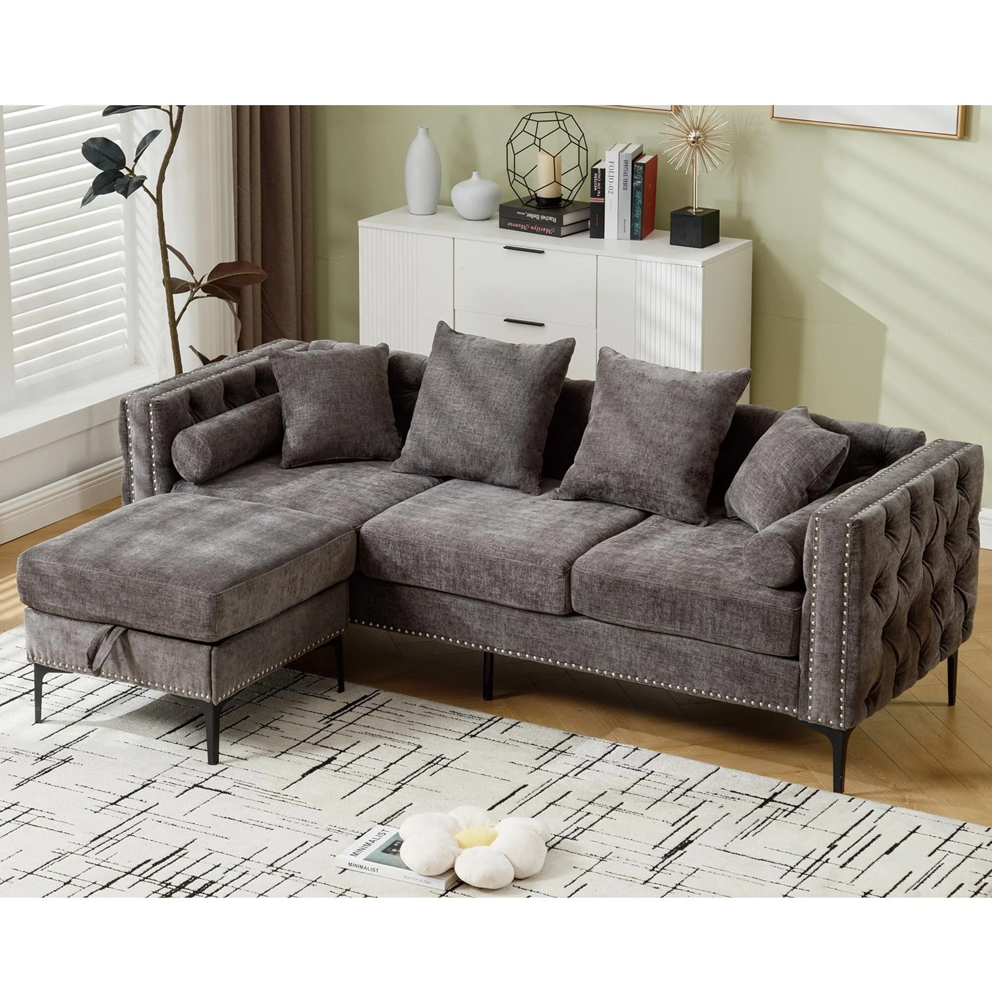 85'' L-Shaped 4 Seater Sectional Sofa with Convertible Storage Ottoman, Pillows, Solid Wood Frame, Modern Tufted Design