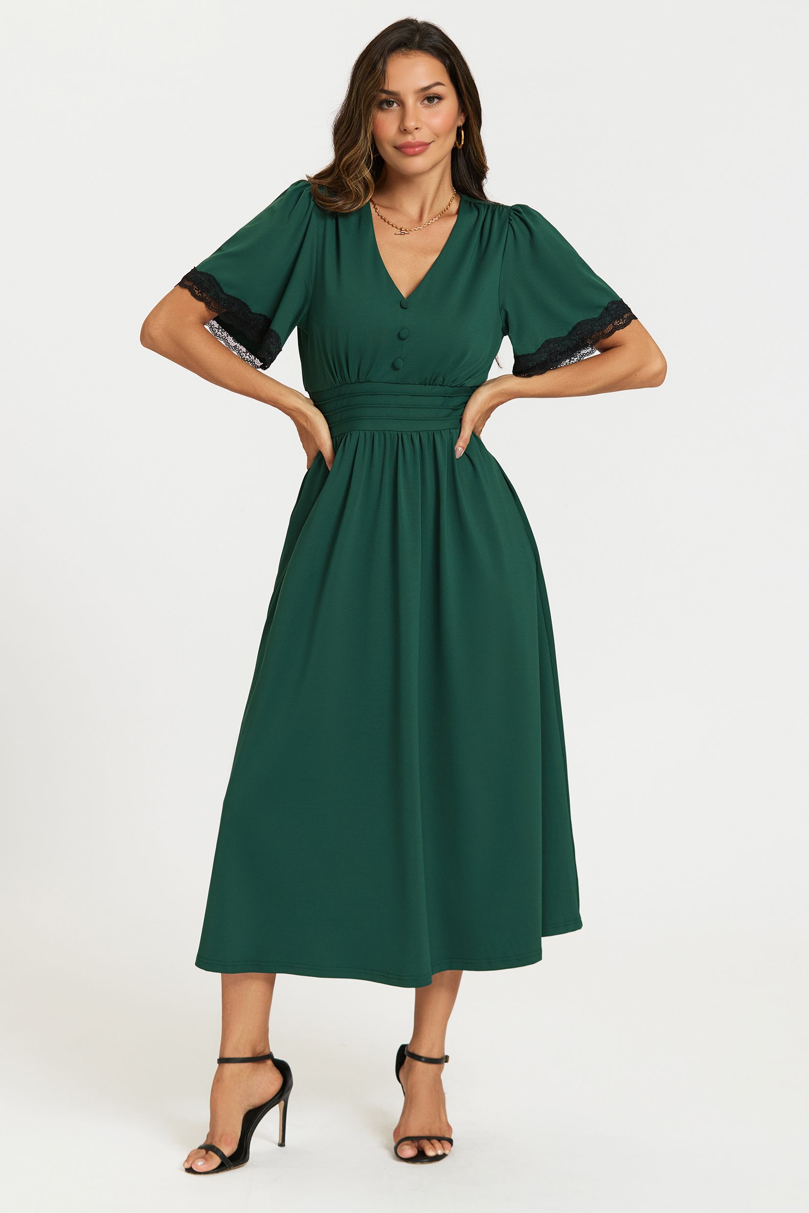 FS Collection Lace Trim Jersey Midi Dress In Green