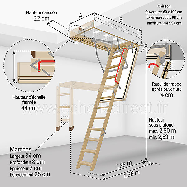 Echelle coupe feu 60min avec trappe de 60x100cm - Hauteur de 2.53 à 2.80m - LWF60/60100-280