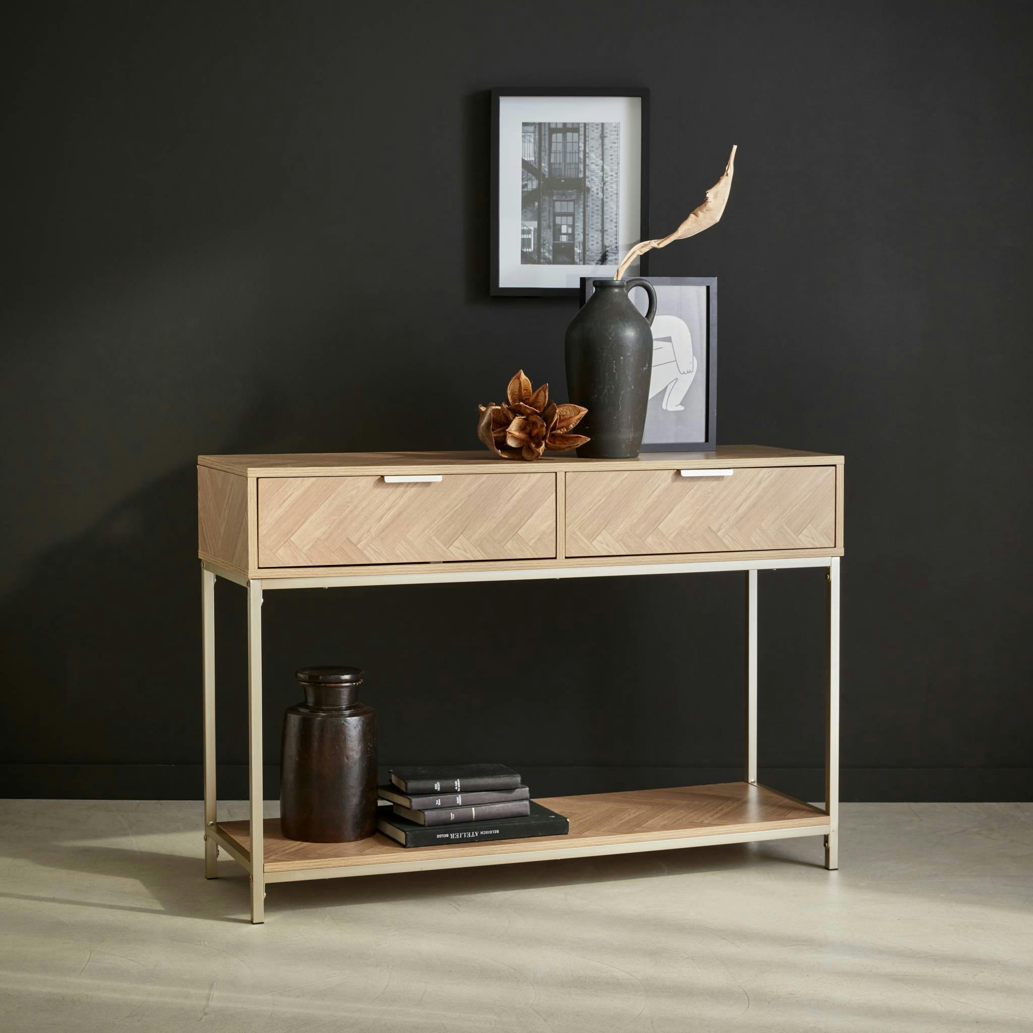 BUDAPEST - Console effet bois décor chevrons 2 tiroirs