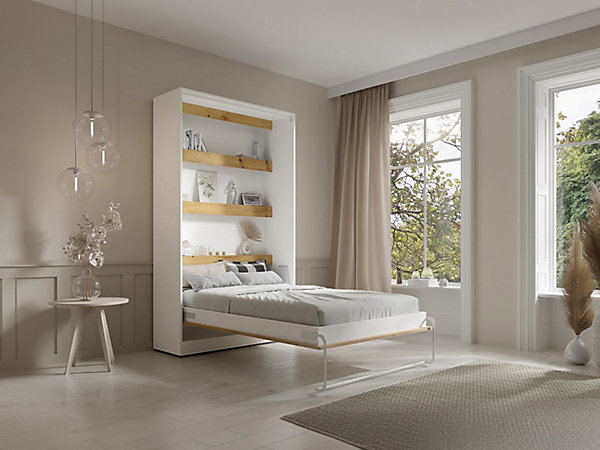 Lit escamotable 120 x 200 cm - Ouverture verticale manuelle - Avec LEDs - Blanc et naturel   Matelas - RAPILI