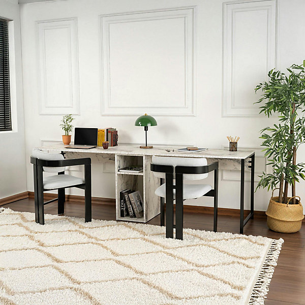 Bureau double avec rangement central plateau effet marbre MARFA