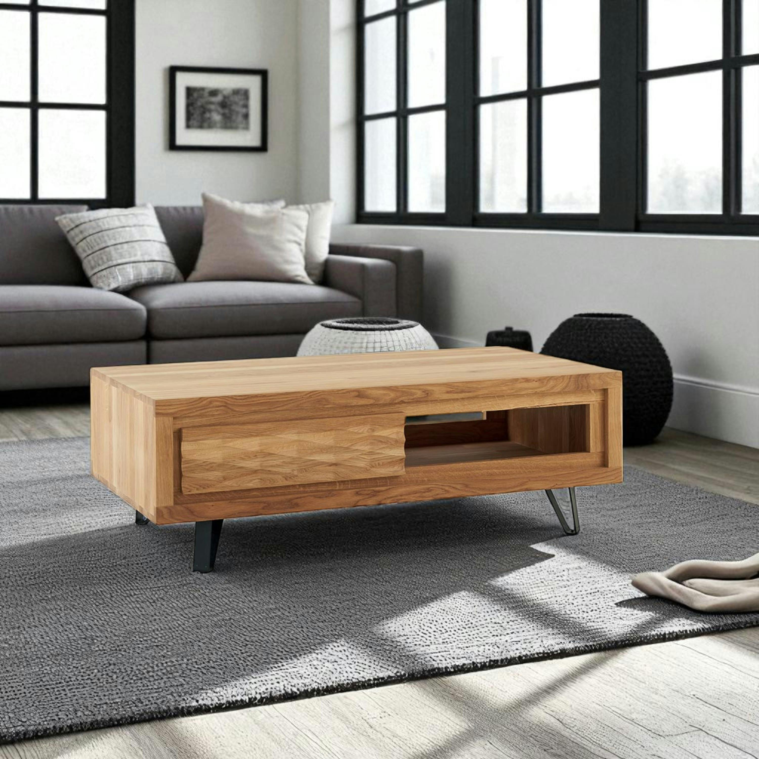 Table basse bois massif - 1 tiroir, frise décorative ROSETO
