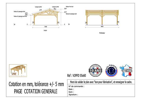 Carport 2 pentes faitage décalé, 550cm x 600cm, Bois DOUGLAS Français (Charpente en bois-auvent-abri voiture)33 m².Garantie 10 ans