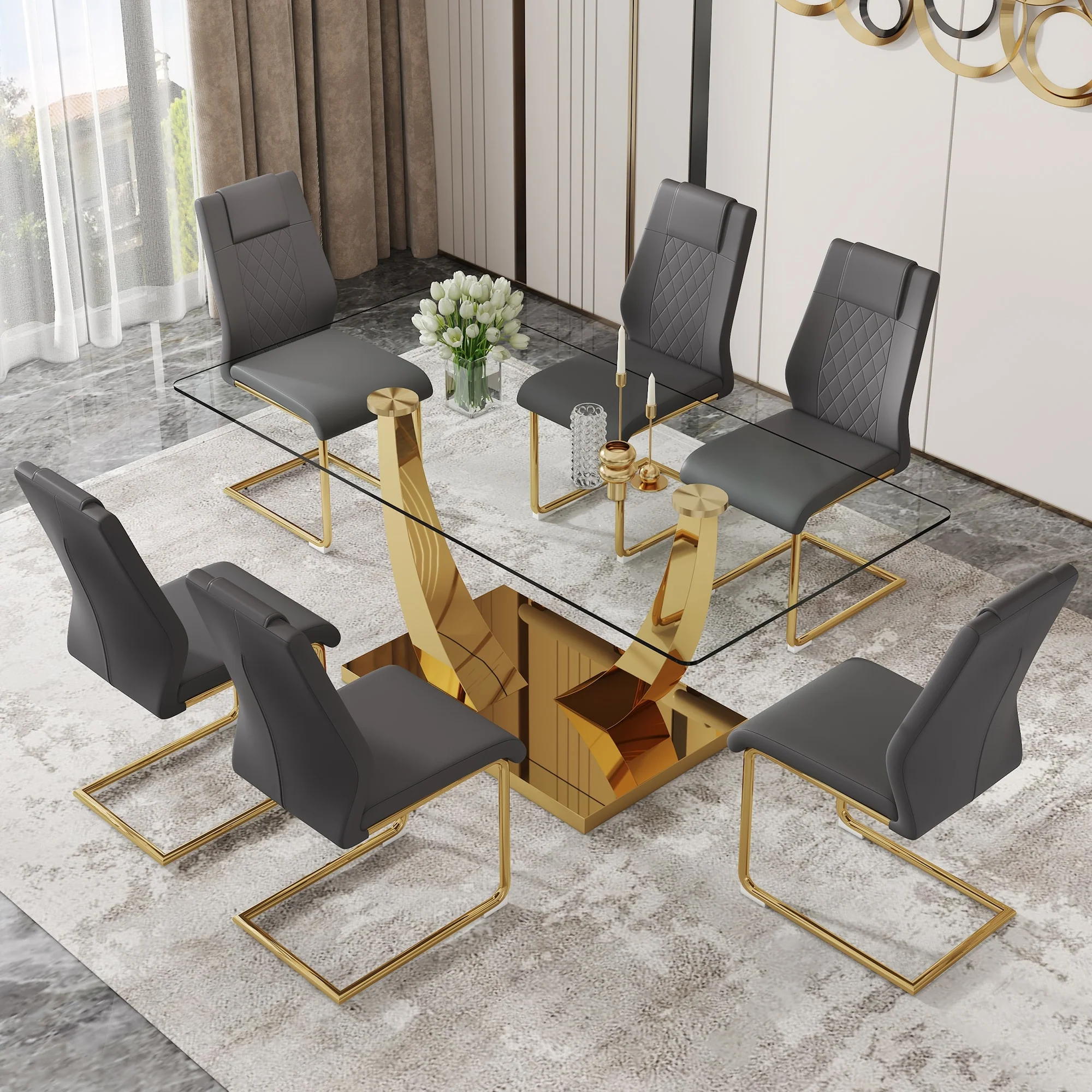 Modern Tempered Glass Dining Table Set with Gold-plated U-shaped Base and PU Upholstered High Back Chairs
