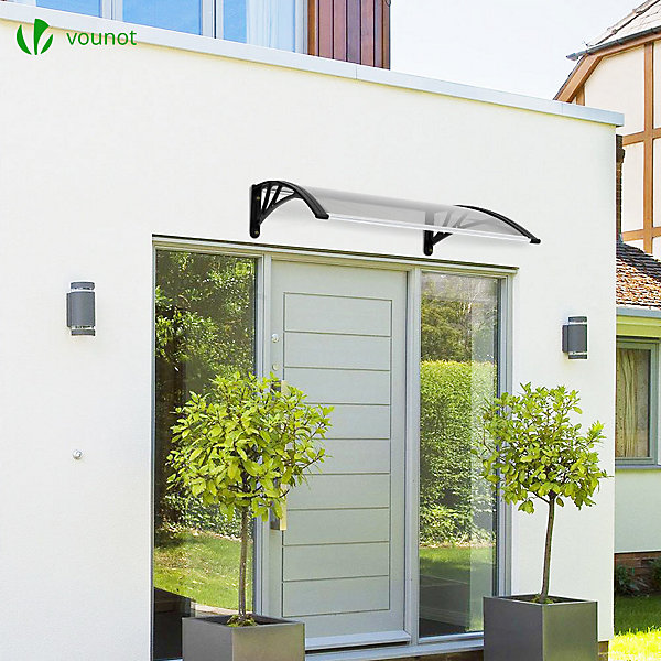 Auvent de porte marquise 100x80 cm transparent en Polycarbonate anti UV Noir VOUNOT