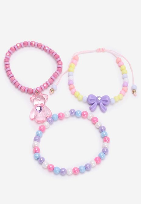Girls 3pk Pink Beaded Teddy Bracelets