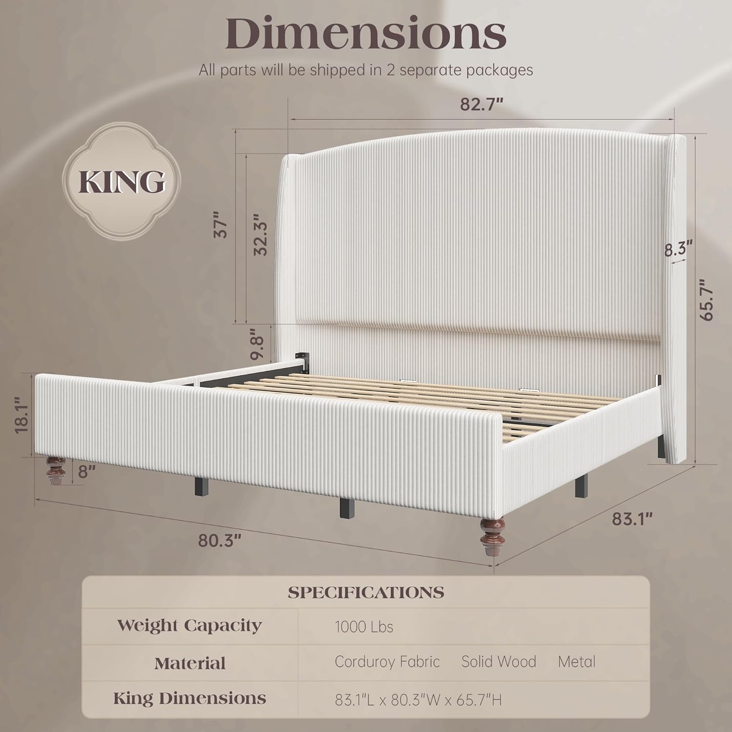 King Size Upholstered Bed Frame with 65.7 Tall Headboard Wingback, Soft Washable Corduroy Beds Cover, Solid Wood Legs, Noise-Free, No Box Spring Needed, Cream