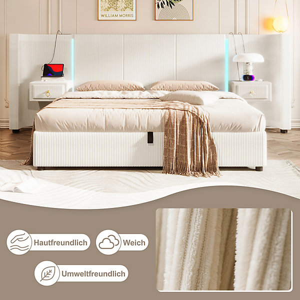 Lit Coffre 180x200 cm - Lit Adulte avec LED et 2 Tiroirs - Velours   MDF - Sans Matelas - Beige
