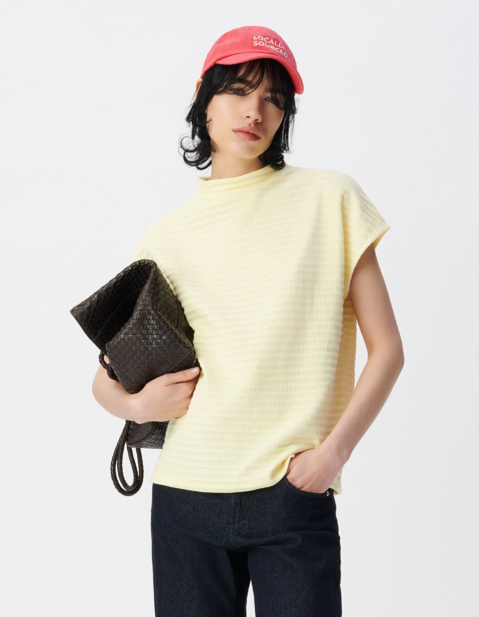 Tee-shirt col montant jaune maille relief Femme