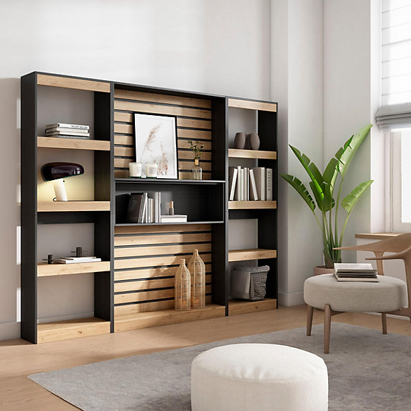 Bibliothèque étagère 230x25x186cm chêne et noir