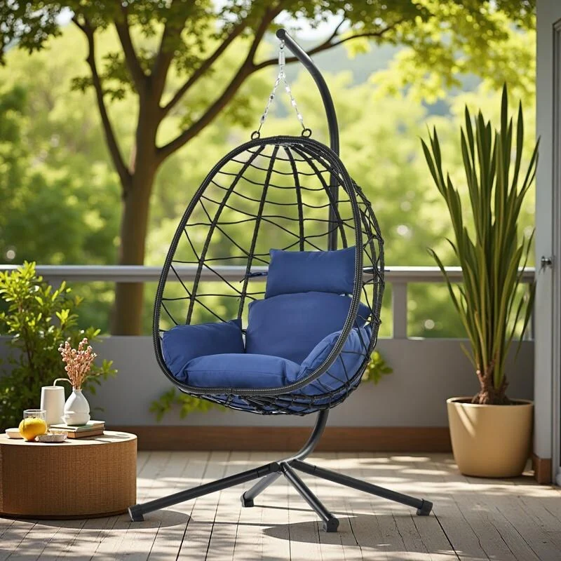 Rattan Metal Hanging Chair with Stand and 350lb Capacity, Includes Waterproof Cushion
