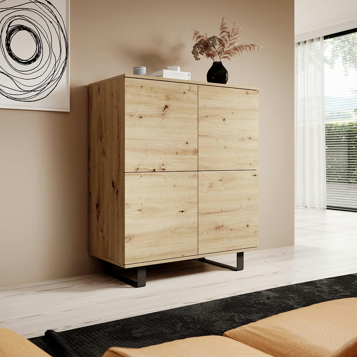 - Buffet haut 4 portes stratifiés, métal naturel