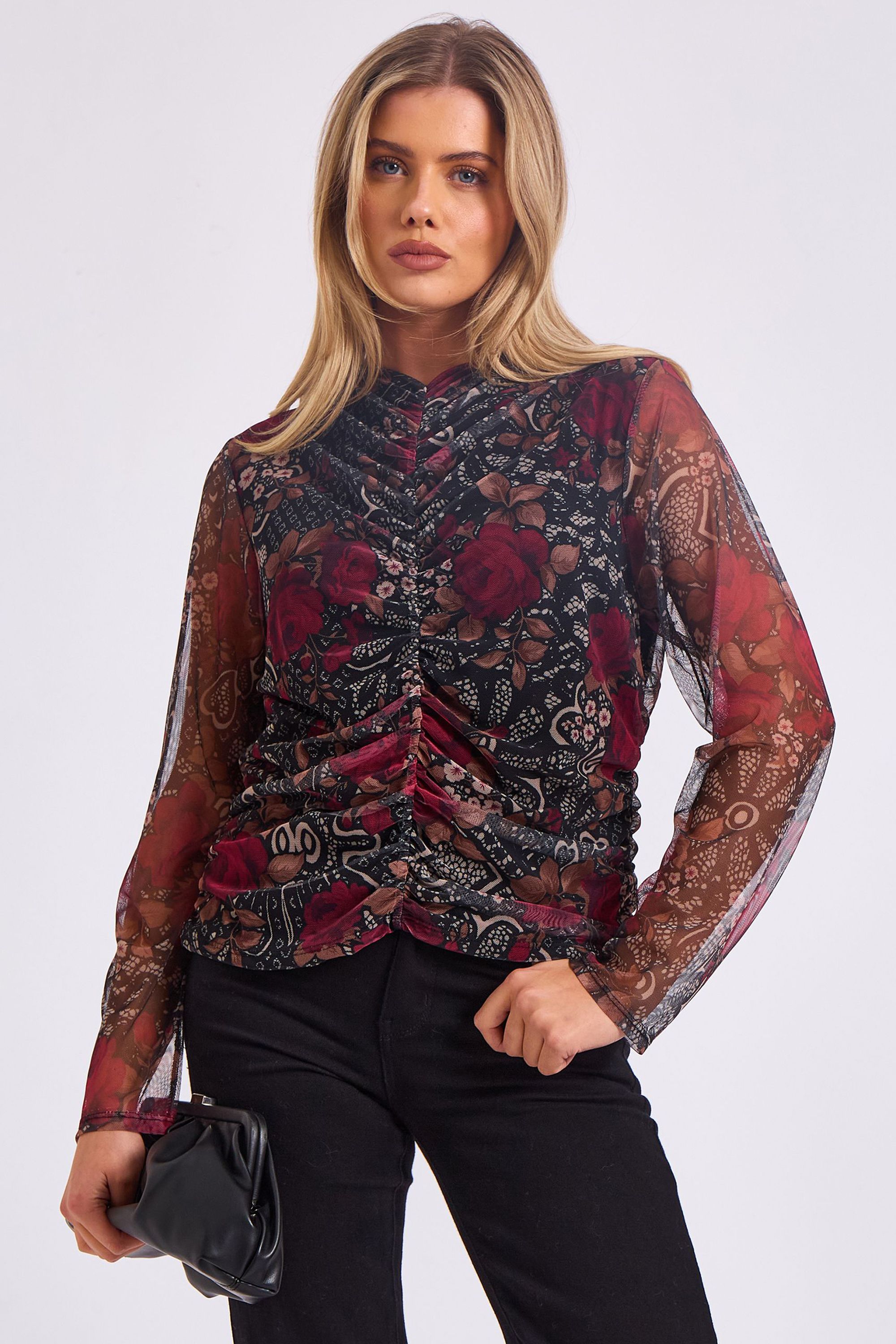 Gini London Burgundy Mesh Printed Ruched Front Top