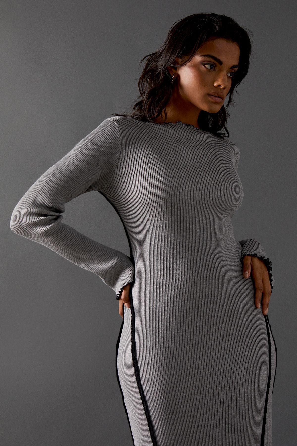 Warehouse Contrast Frill Edge Rib Maxi Dress