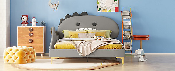 Lit Enfant 140x200cm, Lit Dinosaure en PU, Gris