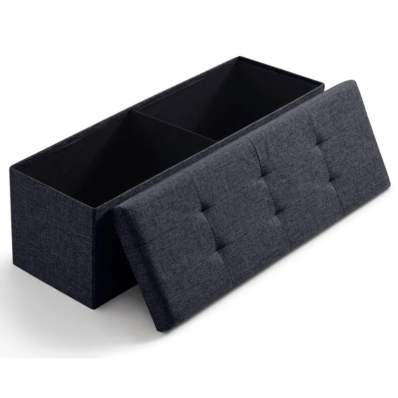 Foldable Tufted Linen Storage Ottoman Bench