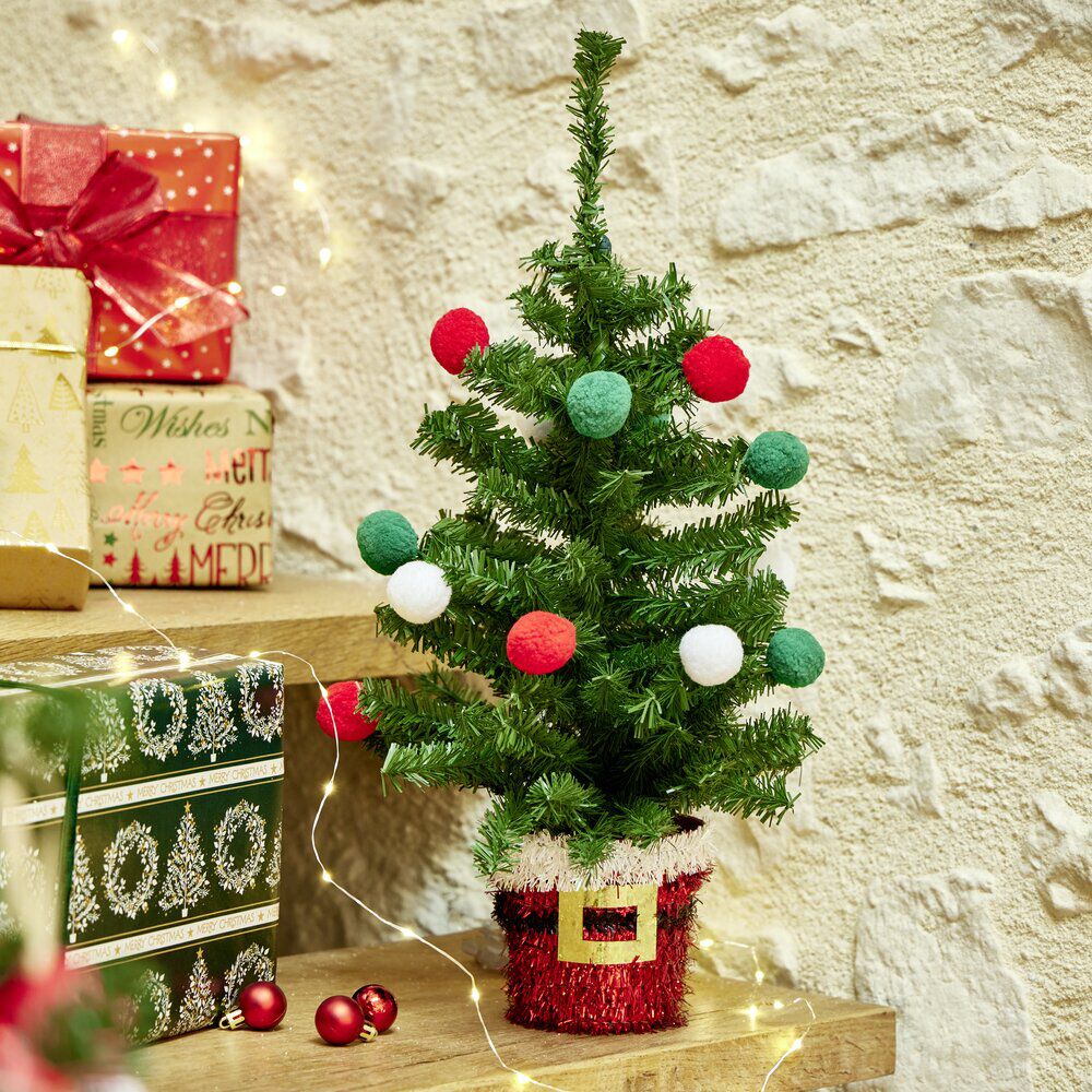 Sapin avec pompons vert rouge blanc et base façon guirlande Père No&euml;l H51cm