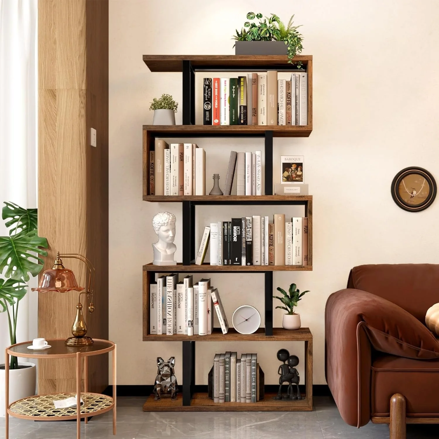 Moasis 5 Tiers S-Shaped Bookshelf Storage Display Bookcase Decor Z-Shelf