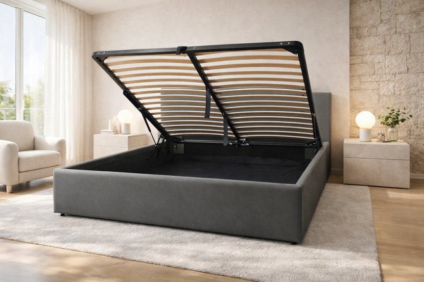 Łóżko tapicerowane z pojemnikiem i stelażem LT101 Velio 140x200x80 c.szary