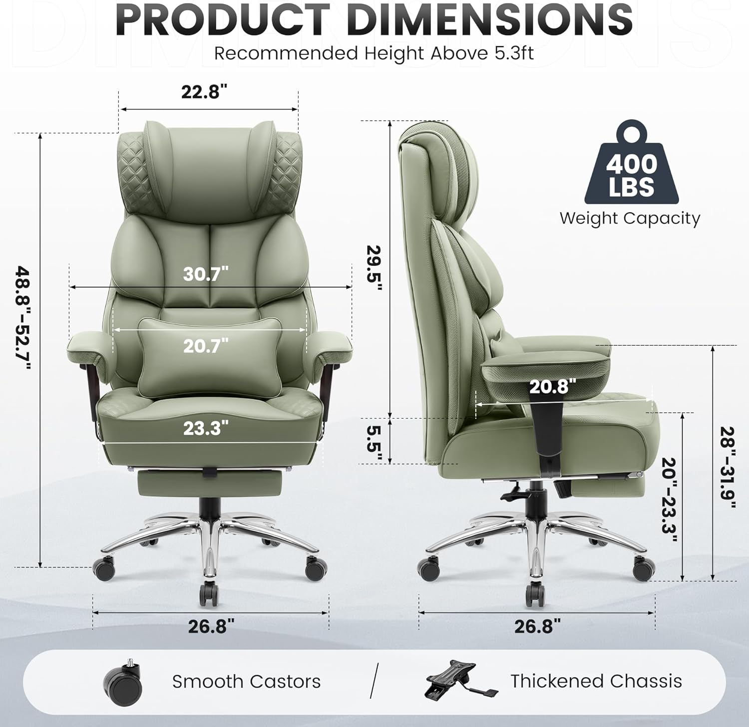 BestGlory Office Desk Chair, Big and Tall Leather Gaming Chair with Footrest, Wide Ergonomic Comfy Executive High-Back Reclining Computer Chairs, Swivel Rolling Wheels and Padded Lumbar Support, Green