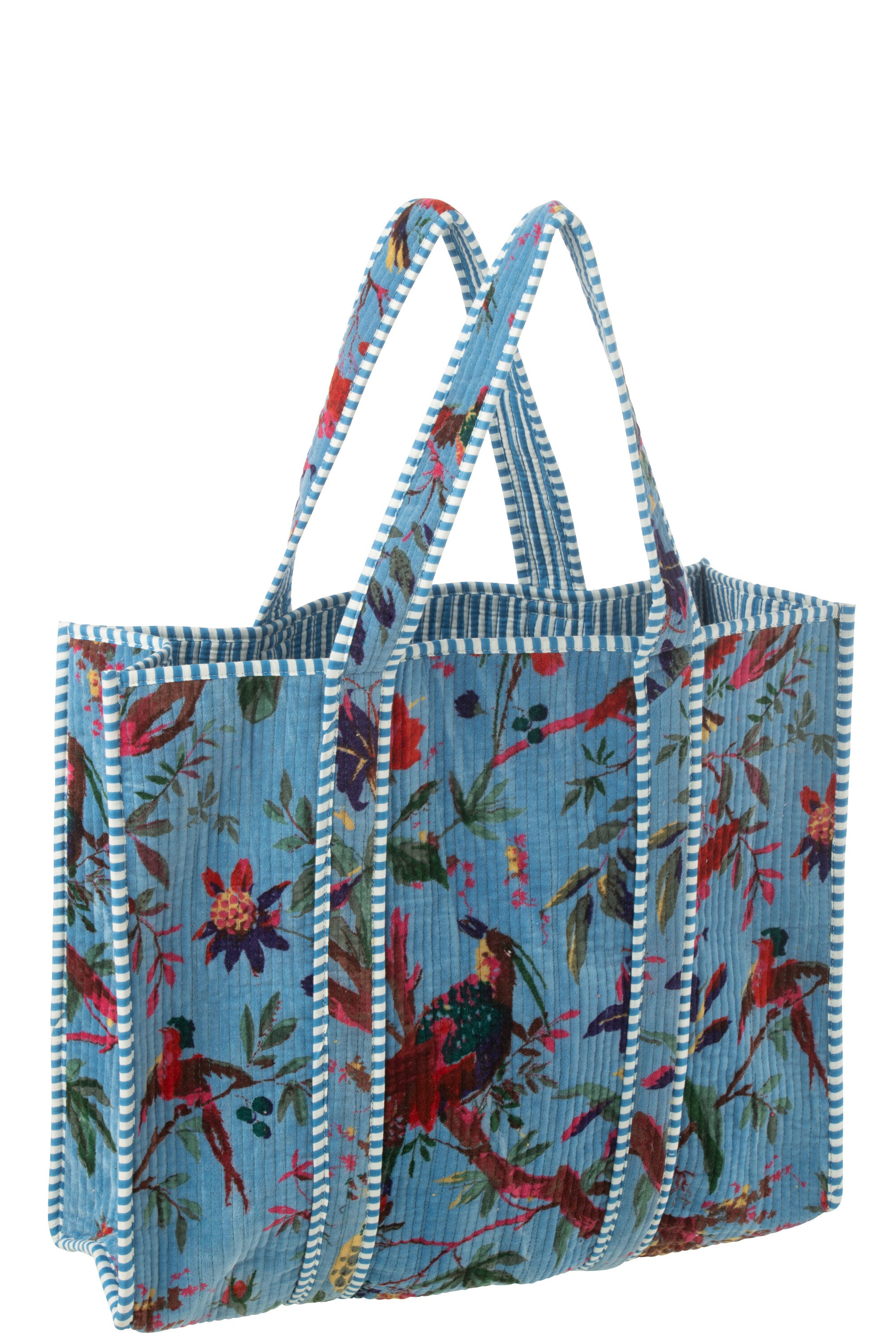 J-Line tas Vogels/Bloemen - katoen/fluweel - blauw