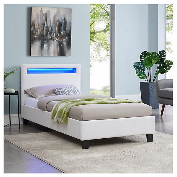 Lit LED simple LUCENO 90x190 cm, avec sommier, revêtement synthétique blanc