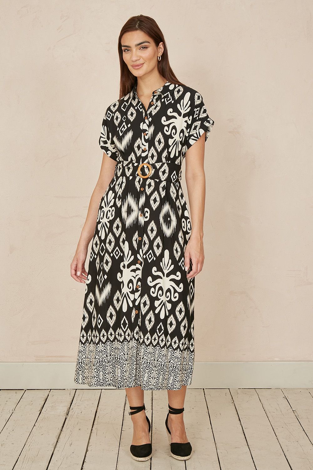 Yumi Yumi Black Abstract Geo Print Relaxed Midi Shirt Dress With Belt