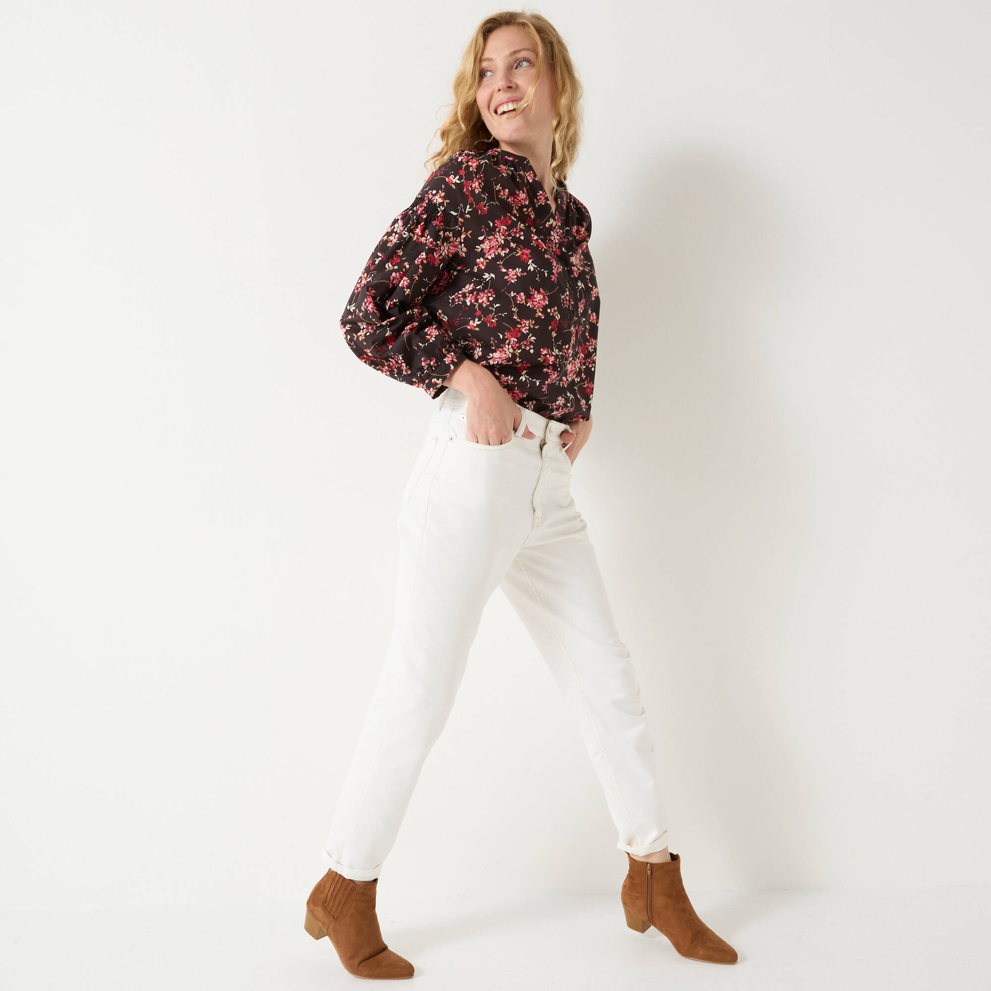 Blouse en coton imprimée fleurs, manches 7/8