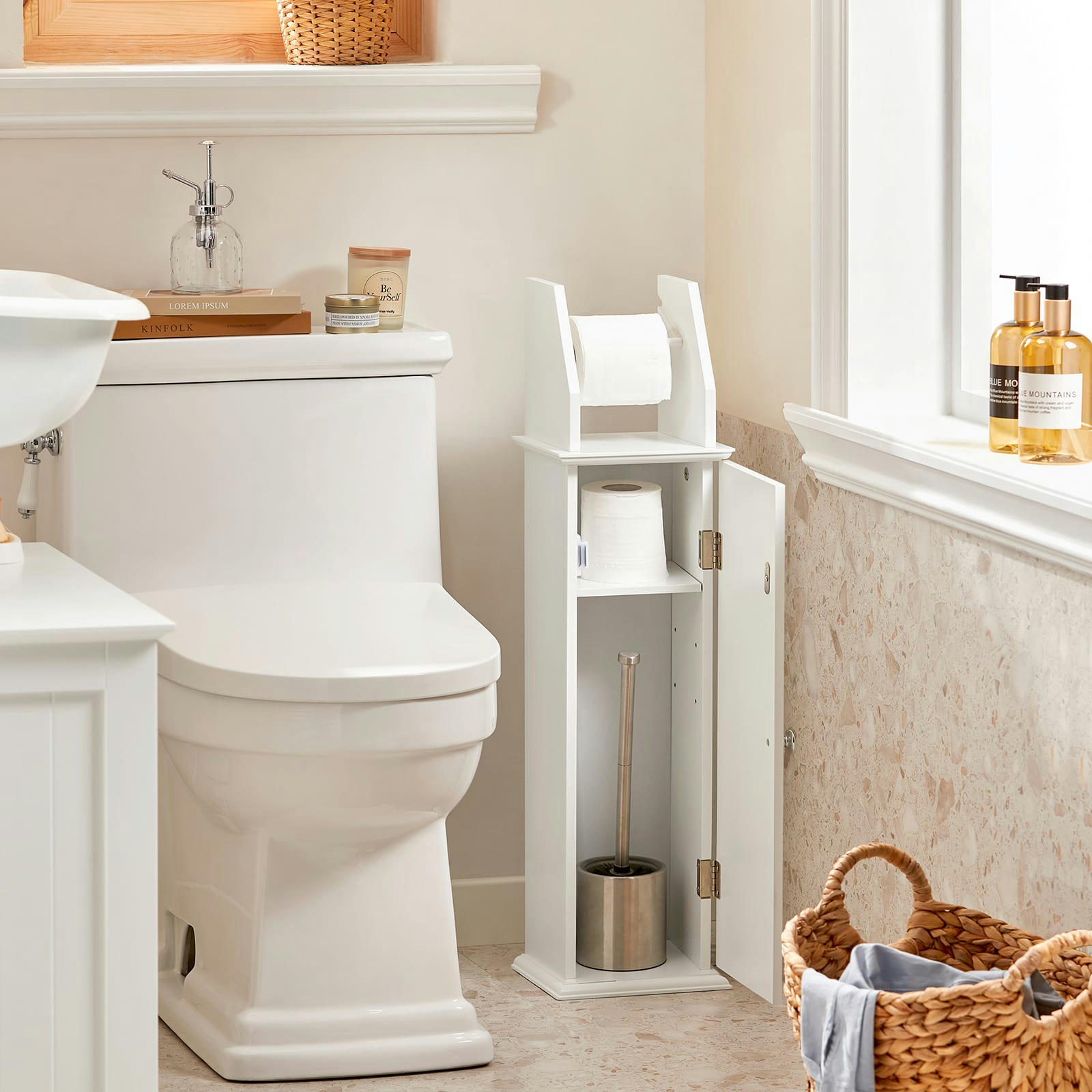 - Armoire toilettes blanche avec porte brosse sur pieds effet bois