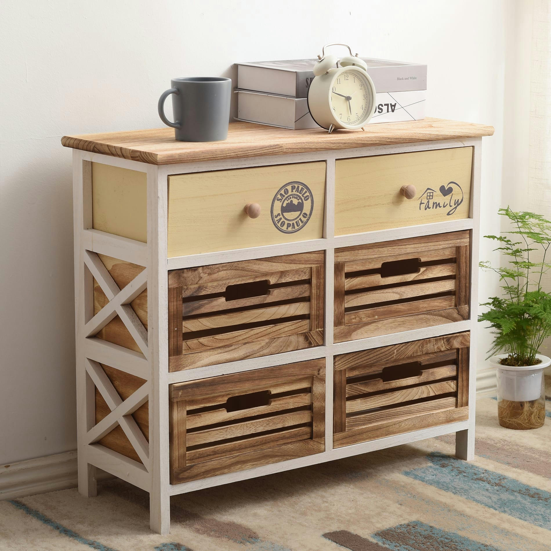 - Commode à 6 tiroirs en bois marron et beige