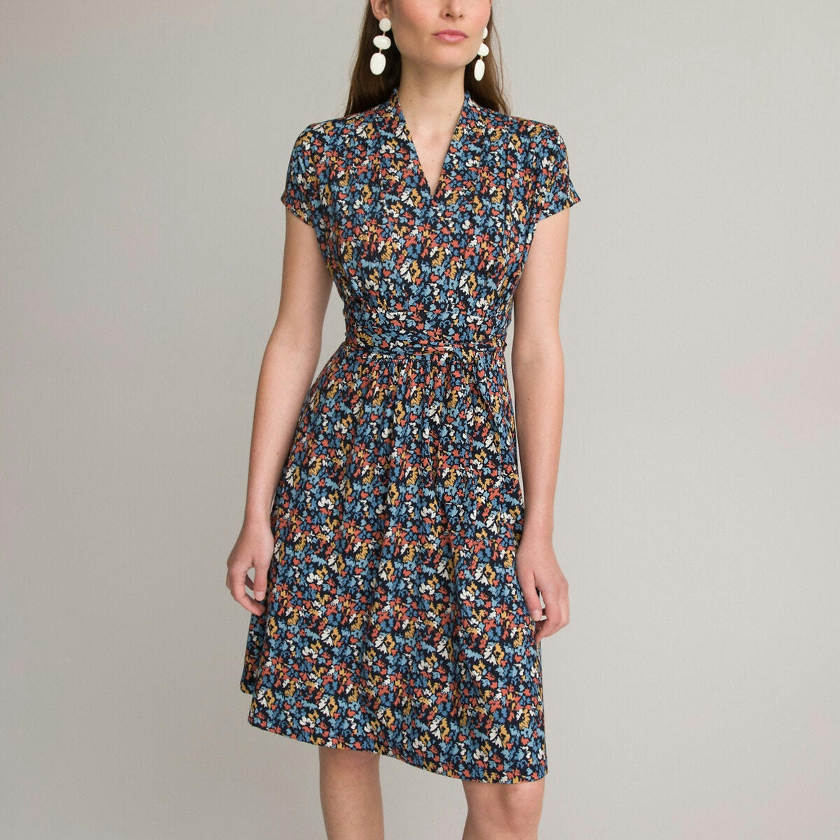 Robe évasée, imprimé floral, longueur midi, 3/4