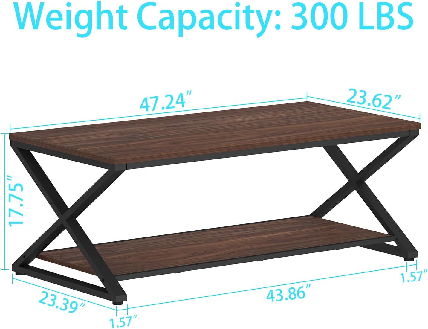 HSH Walnut 2 Tier Storage Coffee Table, Modern Rectangle Center Table for Living Room, Industrial Minimalist Wooden Metal Cocktail Tea Table, Home Office Rustic Simple Display Coffee Table, 39 Inch