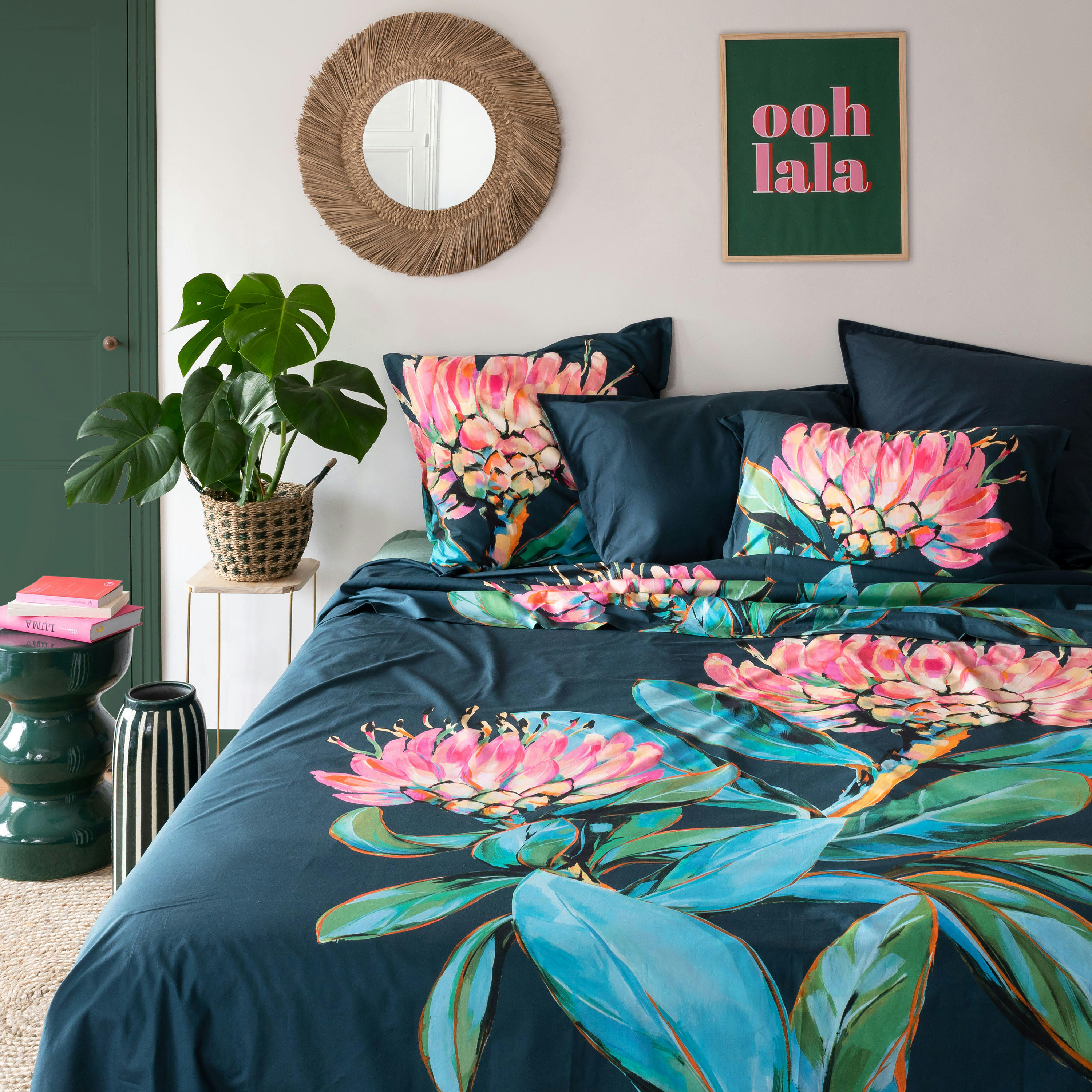 PROTEA - Drap de lit imprimé bleu 240 x 300 cm