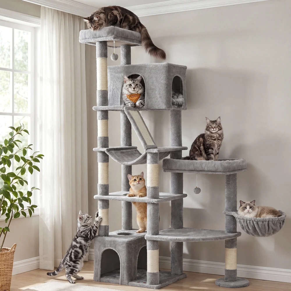 Arbre à chat multi-niveaux avec un griffoir et sept poteaux en sisal