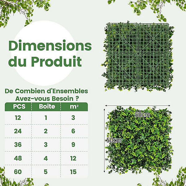 12 Panneaux Plantes Artificielles Muraux 50 X 50 cm Mur Végétal Artificiel pour Intérieur et Extérieur